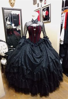 Floor-length Black Corset Dress For Wedding, Gothic Ball Gown For Wedding, Black Fitted Ball Gown With Ruffles, Fitted Black Ball Gown For Costume Party, Black Fitted Ruffle Ball Gown, Fitted Black Ball Gown With Ruffles, Black Full-length Wedding Dress, Black Full Length Wedding Dress, Black Ruffled Dress For Debutante Ball