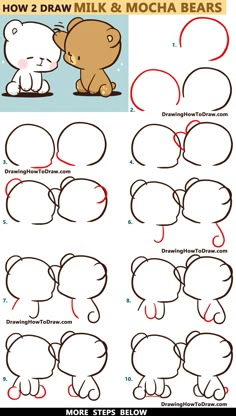 how to draw a cartoon bear with different facial expressions and head shapes for kids, easy step - by - step instructions