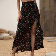 Boho Gypsy Floral Print Ruffle Skirt S M L Xl, Polyester Blend, Ships In 7-8 Days Midi Skirts Summer, Ruffle Hem Skirt, Mode Kimono, Trendy Prints, Floral Print Skirt, Vestidos Vintage, Hem Skirt, Print Skirt, Black Ruffle