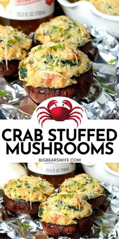 crab stuffed mushrooms on tin foil with text overlay