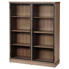 an empty bookcase with two doors and shelves