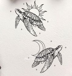 two turtles swimming in the ocean with sun and moon above them