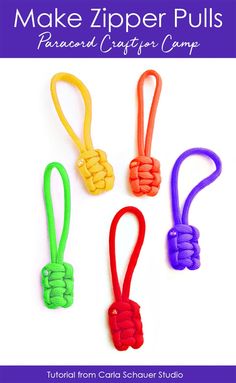 four different colored ropes with the words make zipper pulls on them and an image of three colors