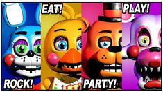 an image of some cartoon characters with words on their faces that say, eat play rock party