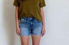 Perfect length mom shorts, and the olive mom crop tee Statement Outfit, Front Tuck, Boxy Tee, Long Torso, Casual Tops For Women, Mom Shorts, Top For Women, Affordable Clothes