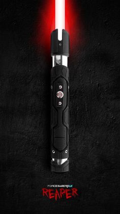 a red light saber with the word reapper on it's back side