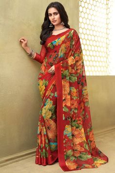 Red Chiffon Saree, Printed Chiffon Saree, Ethnic Wears, Saree Floral, Floral Saree, Partywear Dresses, Red Chiffon, Chiffon Floral, Utsav Fashion