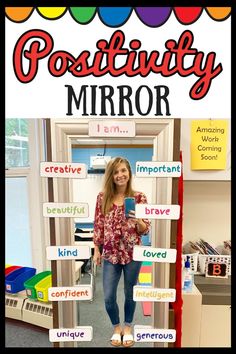 a woman standing in front of a door with words on it and the word'positivity mirror'above her