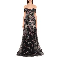 Rickie Freeman for Teri Jon tulle gown with floral embroidery and 3D butterfly appliqué Approx. 64"L from shoulders to hem Off-the-shoulder neckline Short sleeves Floor-sweeping hem A-line silhouette Invisible back zipper Polyester Lining: Polyester Dry clean, professional cleaning recommended Imported Teri Jon, 3d Butterfly, Floral Embroidered Dress, Embroidered Tulle, Tulle Gown, Professional Cleaning, Embroidered Dress, Floral Embroidery, Off The Shoulder