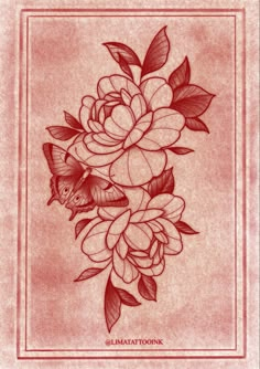 a red and white drawing of flowers with leaves