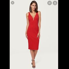 Sexy Low Plunge Red Bodycon Bebe Dress. Red Backless Bodycon Dress For Date Night, Chic Red V-neck Bodycon Dress, Chic Red Bodycon Dress For Date Night, Red V-neck Dress For Going Out, Red Backless Midi Dress For Night Out, Red Bodycon V-neck Dress, Red V-neck Midi Dress For Night Out, Red V-neck Midi Dress For Date Night, Red V-neck Bodycon Mini Dress