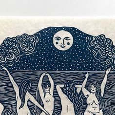 three women are dancing in front of the moon and stars above them, with their arms outstretched