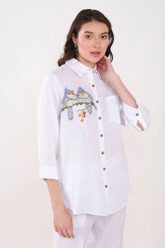 White shirt with blue thread placement embroidery in bird placement pattern. - Aza Fashions Embroidered Tops For Workwear With Relaxed Fit, Embroidered Relaxed Fit Top For Work, Embroidered Spread Collar Top For Work, Casual Cotton Blouse With Embroidered Cuffs, Relaxed Fit Embroidered Workwear Tops, White Embroidered Top For Work, Cotton Tops With Embroidered Cuffs For Work, Cotton Top With Embroidered Cuffs For Work, White Embroidered Tops For Workwear