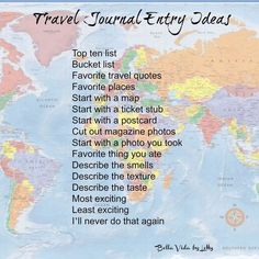 a map with the words travel journal entry ideas in english and spanish, along with an image of a world map