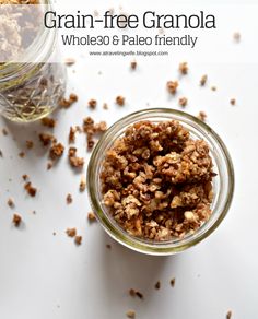 grain - free granola in a glass jar on a white surface with text overlay