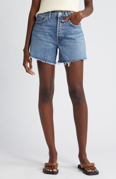 AGOLDE Parker Distressed Denim Shorts | Nordstrom Comfy Jeans Outfit, Long Denim Shorts, Blouse Ideas, Satin Blouse, Distressed Denim Shorts, Denim Shorts Women, High Rise Shorts, Fashion Studio, Custom Tailoring