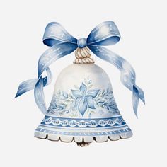 a blue and white bell with a bow on it's side, painted in watercolor