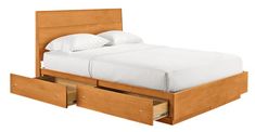 a bed with two drawers underneath it and a white sheet on the bottom half of the bed