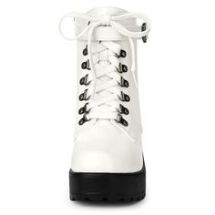 These ankle platform boots in a lace-up style are very comfortable by the Lightweight outsole and with the PU foam bottom. These combat boots are convenient for your walking everyday. They are paired well with jeans, and skirts. Perfectly for Christmas, Halloween, Party. Please check the size measurement chart before ordering. Combat Boots White, Ankle Platform Boots, Walking Everyday, Ankle Combat Boots, Boots White, Womens Chunky Heels, Platform Heels Chunky, Measurement Chart, Platform Boots