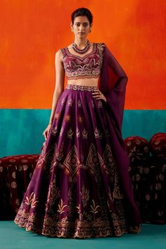 Aman Takyar | Purple Floral Embroidered Anarkali Set | INDIASPOPUP.COM Dark Purple Lehenga, Purple Lehenga, Kids Ethnic Wear, Embroidered Lehenga