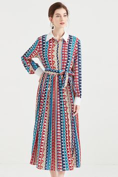 Lapel Chiffon Pleated Long Dress - Multi-1,S Spring Pleated Long Sleeve Chiffon Dress, Spring Long Sleeve Pleated Chiffon Dress, Pleated Long Sleeve Chiffon Dress For Spring, Long Sleeve Pleated Chiffon Dress For Spring, Long Sleeve Chiffon Dress For Casual Wear, Long Sleeve Chiffon Dress For Casual Occasions, Chic Chiffon Midi Dress For Daywear, Elegant Flowy Multicolor Chiffon Dress, Long Sleeve Silk Shirt Dress For Summer