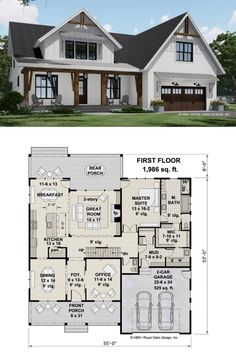 two story house plans with an open floor plan for the first and second floors are shown