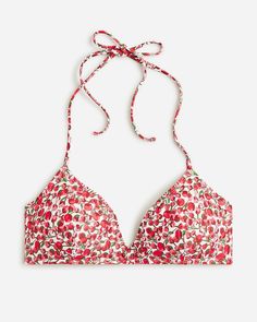 French halter-neck bikini top in Liberty® Eliza's Red fabric Red Halter Top With Built-in Bra For Summer, Red Halter Neck Top For Poolside, Summer T-back Halter Top With Padded Cups, Summer T-back Padded Halter Top, Red Triangle Halter Top With Bra-friendly Design, Summer Padded Cups T-back Halter Top, Red Triangle Halter Top Bra Friendly, Red Halter Neck Swimwear Bra Friendly, Red Triangle Top Swimwear With Removable Bra Pads