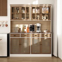 a kitchen with wooden cabinets next to a white refrigerator freezer and coffee maker on the counter