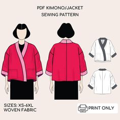 the front and back view of a women's kimono jacket sewing pattern