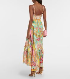 Printed ruffled silk midi dress in multicoloured - Camilla | Mytheresa Elegant Midi Dress With Ruffle Hem For Vacation, Summer Midi Dress With Ruffles In Viscose, Summer Viscose Midi Dress With Ruffles, Summer Ruffled Viscose Midi Dress, Rayon Ruffled Sundress, Spring Silk Maxi Dress With Ruffles, Rayon Sundress With Ruffles, Chic Viscose Midi Dress With Ruffles, Ruffled Rayon Dresses For Vacation