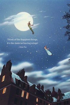 Beautiful peter pan quote "Think of the happiest things. It's the same as having wings". The background is Peter Pan and Wendy flying. Iphone Wallpaper Disney, Peter Pans, Photos Black And White, Peter Pan Disney, Animation Disney, Images Disney, Wallpaper Disney, Disney Background, Disney Phone Wallpaper