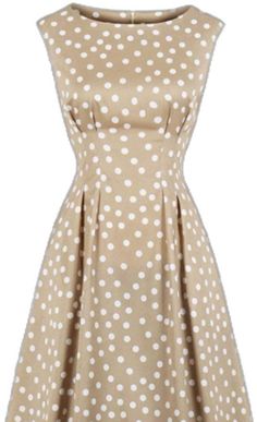 Polka Dot Sleeveless A-line Dress, Polka Dot Fitted A-line Sleeveless Dress, Beige Sleeveless Retro Dress, Fitted Polka Dot Sleeveless A-line Dress, Fitted A-line Sleeveless Dress With Polka Dot Pattern, Beige Retro Sleeveless Dress, Fitted Beige Retro Dresses, Retro Beige Sleeveless Dress, Beach Wedding Guest