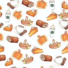 a watercolor drawing of food and drinks on a white background, with pumpkins