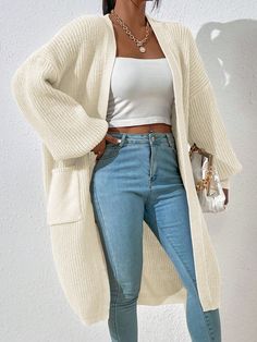 Beige Casual Collar Long Sleeve Fabric Plain  Embellished Medium Stretch Fall/Winter Women Clothing Drop Shoulder Cardigan, Pullover Outfit, Cardigan Casual, Cardigan Long, Plus Size Kleidung, Formal Dresses For Women, Style Cardigan, Cardigan Top, Clothing Size Chart