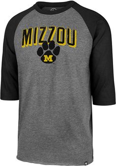 Support your Missouri Tigers in this Black Long Sleeve Fashion Tee! This Break Thru Club Raglan Fashion T Shirt features a distressed screen printed 'Mizzou' wordmark arched across chest with paw print beneath. Be ready to shout "Mizzou Rah" when you wear this Mizzou Tigers Long Sleeve Fashion T Shirt in the stadium or on the street. Crew neckline, Ultra comfy cotton blend, Colored sleeves with grey body, Machine washable, Tumble dry on low heat, Fit: True to Size, 70% Cotton / 30% Polyester, Ma Gray T-shirt For College In Fall, Sporty Gray T-shirt For Fall, Gray Cotton Top For College, Gray Sporty T-shirt For Fall, Gray Long Sleeve T-shirt For College, Mizzou Tigers, Raglan Long Sleeve, Missouri Tigers, Long Sleeve Fashion