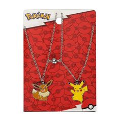 two necklaces with pokemon characters on them