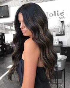 Jordan Underwood Hair, Black Hair With Brown Extensions, Off Black Hair With Highlights, Hair Color Ideas For Brunettes With Layers, Bellami Ash Brown Extensions, Black Hair Brown Babylights, Dark Hairstyles With Highlights, Peekaboos For Dark Hair