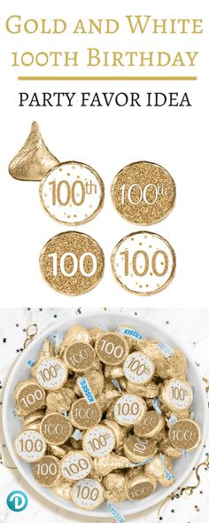 gold and white birthday party favors on a plate