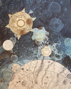 an abstract painting with circles and stars on it