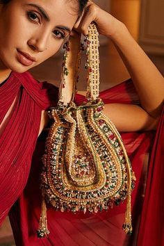 Shop for Lovetobag Amara Stone Embellished Potli Online at Aza Fashions Bags Shoot, Japanese Beads, Embellished Clutch, Embellished Flats, Potli Bags, Red Handbag, Sharara Set, Green Opal, Todays Outfit