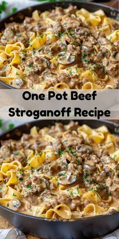 one pot beef stroganonoff recipe in a cast iron skillet with two pictures