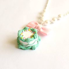 Birthday Cake Necklace Pastel Mint Green Pink and Rainbow Pink Charm Necklace For Birthday, Cute Pastel Jewelry For Gift, Cute Pastel Jewelry For Gifts, Cute White Charm Necklace For Birthday Gift, Pink Charm Necklaces For Birthday, Green Dainty Necklace For Birthday, Handmade Pastel Jewelry For Birthday, Whimsical Pastel Jewelry As Gift, Sweet Green Jewelry For Gifts