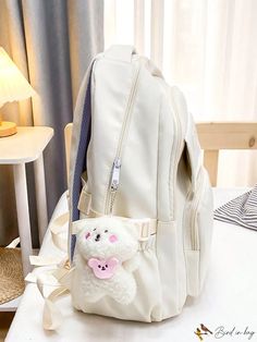 BirdinBag - Versatile Letter Patch Backpack for Students - Ideal for School, College, and Travel Large Capacity Cream School Bag, Beige School Backpack With Large Capacity, Beige Large Capacity Backpack For School, Large Capacity Cream Backpack For School, Large Capacity Cream Backpack For Students, White Large Capacity Shoulder Bag For Study, Portable Beige Standard Backpack, Back To School Beige Backpack Shoulder Bag, Portable White Backpack For Back To School