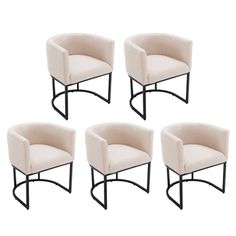 four beige chairs with black metal legs on a white background