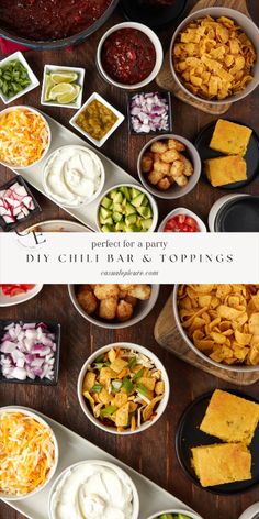 a table filled with different types of dips and other foods on top of it