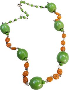 Vintage 60's 70's Mid Century Orange Lucite Molded Power Flowers Green Oval Beads Silvertone Chain Clasp Necklace 22" Long.Very Good condition, size OS. Detailed measurements:Overall Length - 22 inches Retro Wooden Bead Jewelry, Retro Wooden Round Bead Jewelry, Vintage Orange Beaded Chain Necklace, Vintage Orange Beaded Necklace, Retro Large Beads For Gifts, Retro Wooden Beads Jewelry, Vintage Green Wooden Beads, Green Vintage Jewelry With Wooden Beads, Handmade Retro Green Beaded Necklace