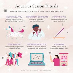 an info sheet describing how to use the aquarius season rituals for kids and adults