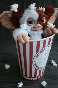 a small stuffed animal in a popcorn cup