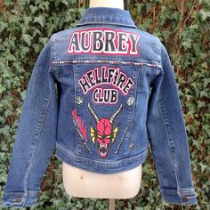 Stranger Things/Hellfire Club Inspired Denim Jacket - KolorfulKidzCustoms Fitted Punk Cotton Denim Jacket, Fitted Punk Style Cotton Denim Jacket, Fitted Cotton Punk Denim Jacket, Trendy Customizable Long Sleeve Denim Jacket, Customizable Cotton Fall Outerwear, Trendy Denim Jacket For Fall Customization, Customizable Fitted Denim Jacket Casual Style, Customizable Fitted Denim Jacket, Casual Style, Casual Fitted Denim Jacket Customizable