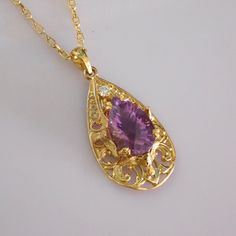 Exquisite Amethyst & Diamond Necklace.  This beauty is part of our Precious One of a Kind collection. * Materials: 18k Solid Gold 0,1ct VS SI Brilliant quality Ethically sourced Natural Diamonds AAA+ Grade Amethyst Gemstone * Pendant Size: 4x2cm * 18k chain: 50cm  * Price includes shipping & Vat Tax. * Custom duty charges are regulated by your country upon delivery. There is no custom duty charges for all orders delivered to the EU countries. * For time sensitive orders please let us know and we will do our best to accommodate y Custom orders Welcomed! Yellow Gold Amethyst Necklace For Wedding, Gold Amethyst Necklace For Wedding, Wedding Gold Necklace With Amethyst, Gold Amethyst Jewelry With Filigree Detail, Gold Amethyst Jewelry With Filigree, Gold Amethyst Jewelry With Diamond Cut, Gold Amethyst Jewelry With Intricate Design, Yellow Gold Amethyst Teardrop Pendant Jewelry, Diamond Drop Necklace